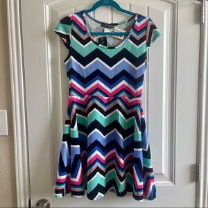 French Atmosphere Multicolor Short Sleeve Chevron Print Skater Dress; SZ L;BNWT